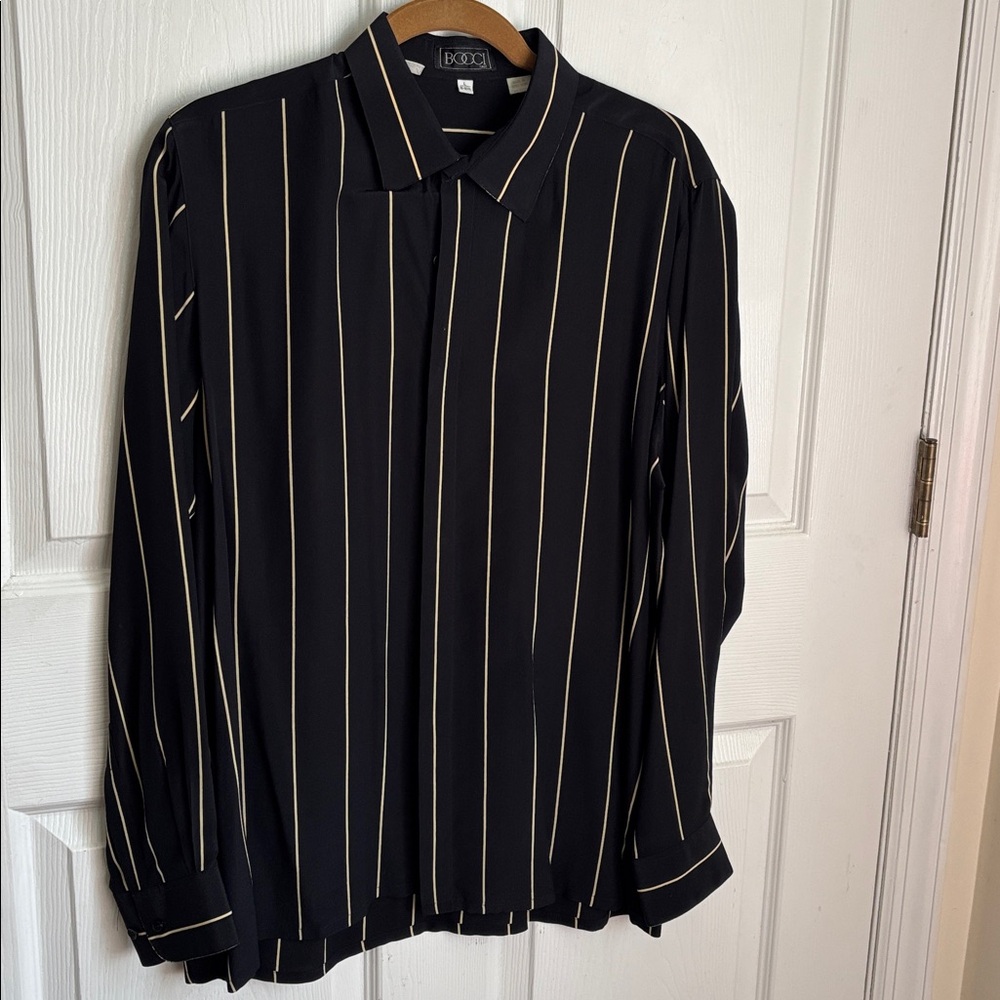 VINTAGE BOCCI Italian Black Silk hidden button down shirt Size Large 16-16.5